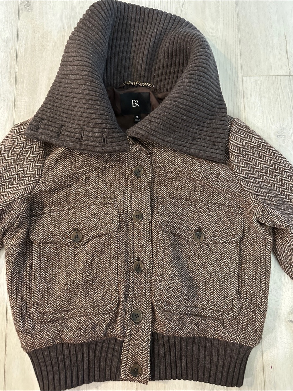 Banana Republic Brown Herringbone Bomber Jacket XS Oversized Knit Collar Wool